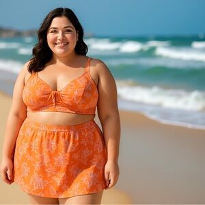 Cacique Plus Size 22 Swim Skirt Set Orange Floral Underwire Bikini Top 42DD NWOT